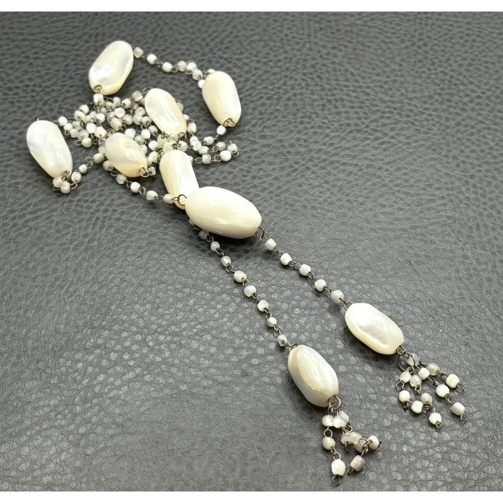 VTG ART DECO FLAPPER NECKLACE MOTHER OF PEARL NUGGET BEAD TASSEL TIE LARIAT 42